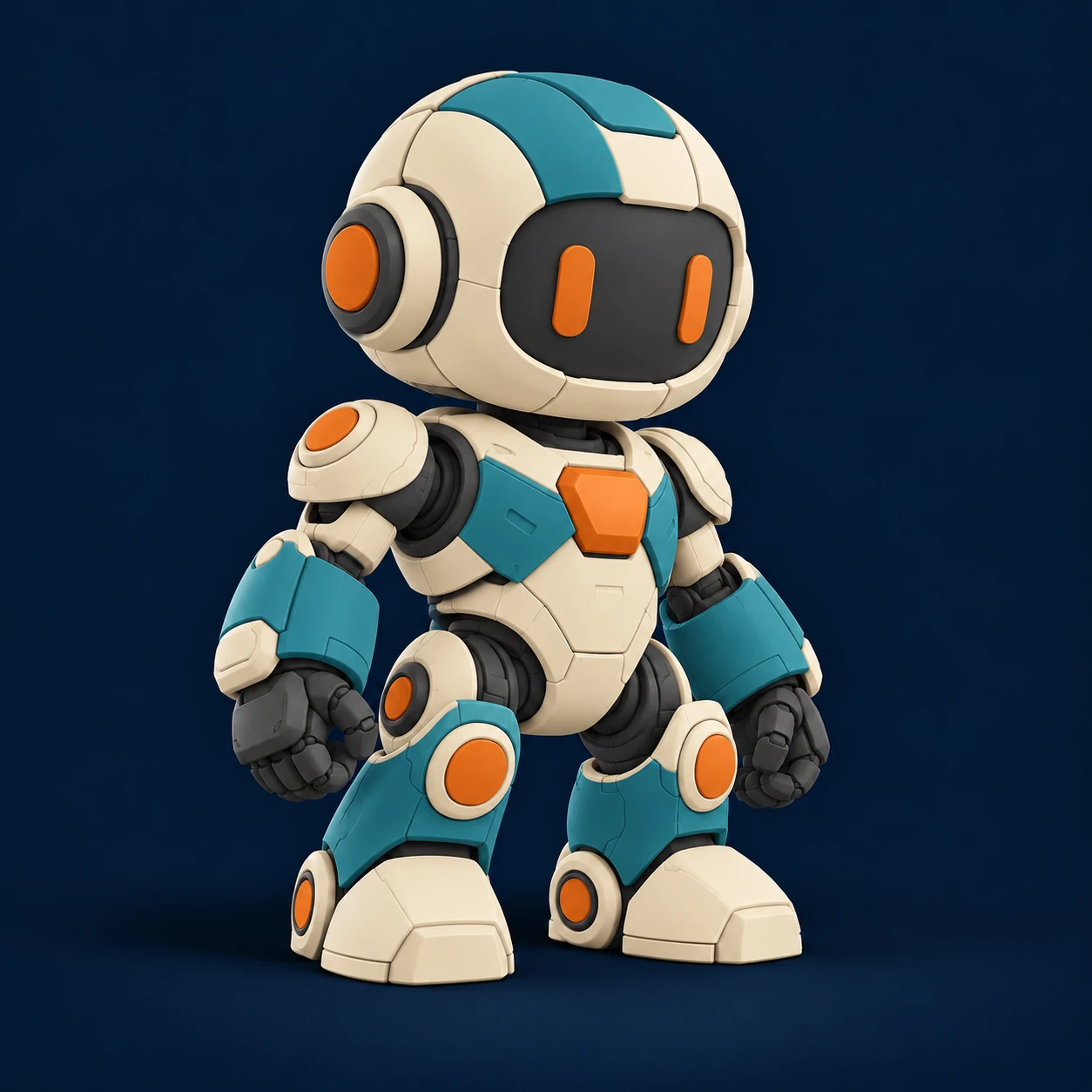 Illustration of a robot with ivory, teal, charcoal and orange color regions