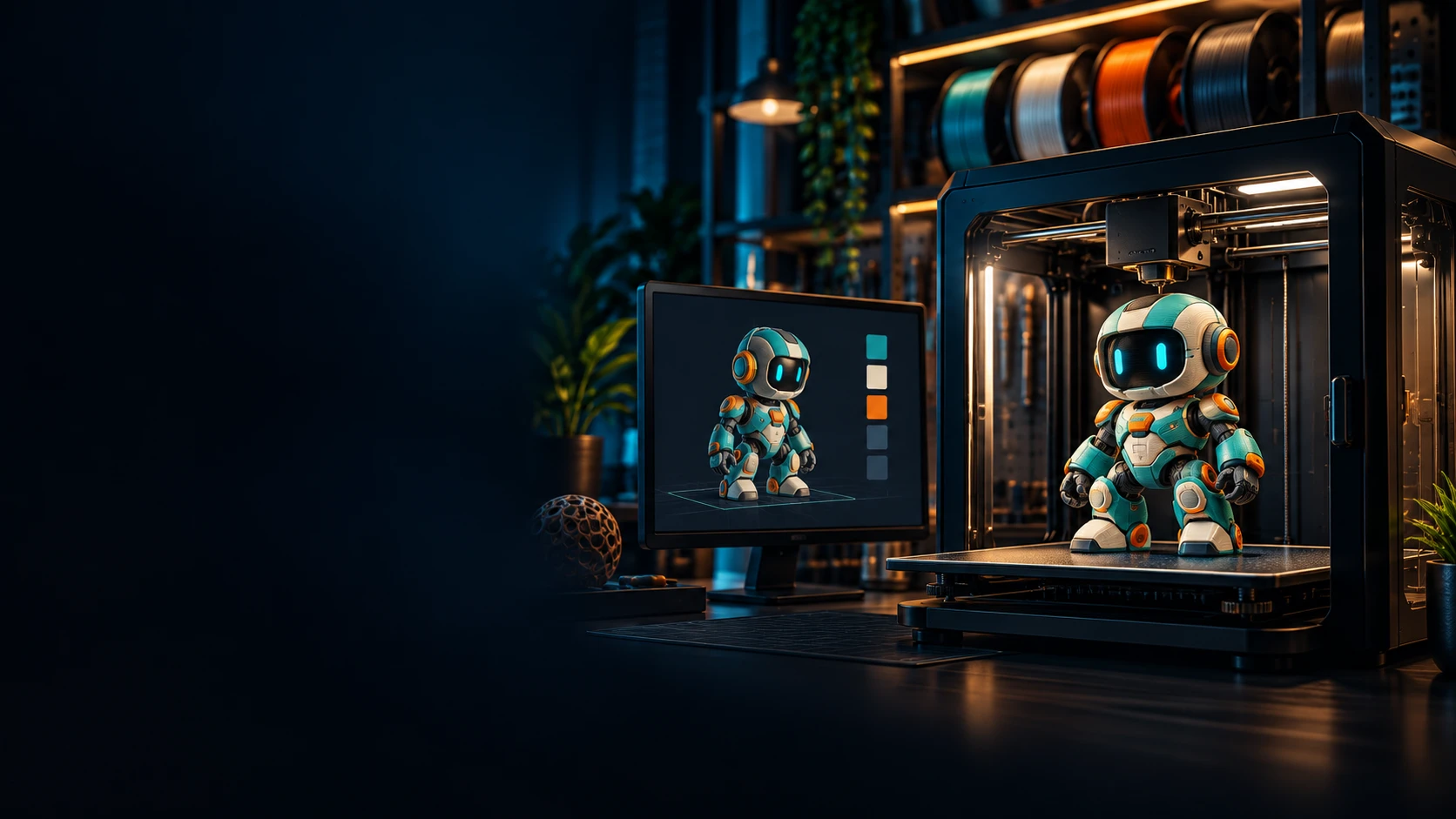 Illustration of a multicolor robot model on screen and in a 3D printer