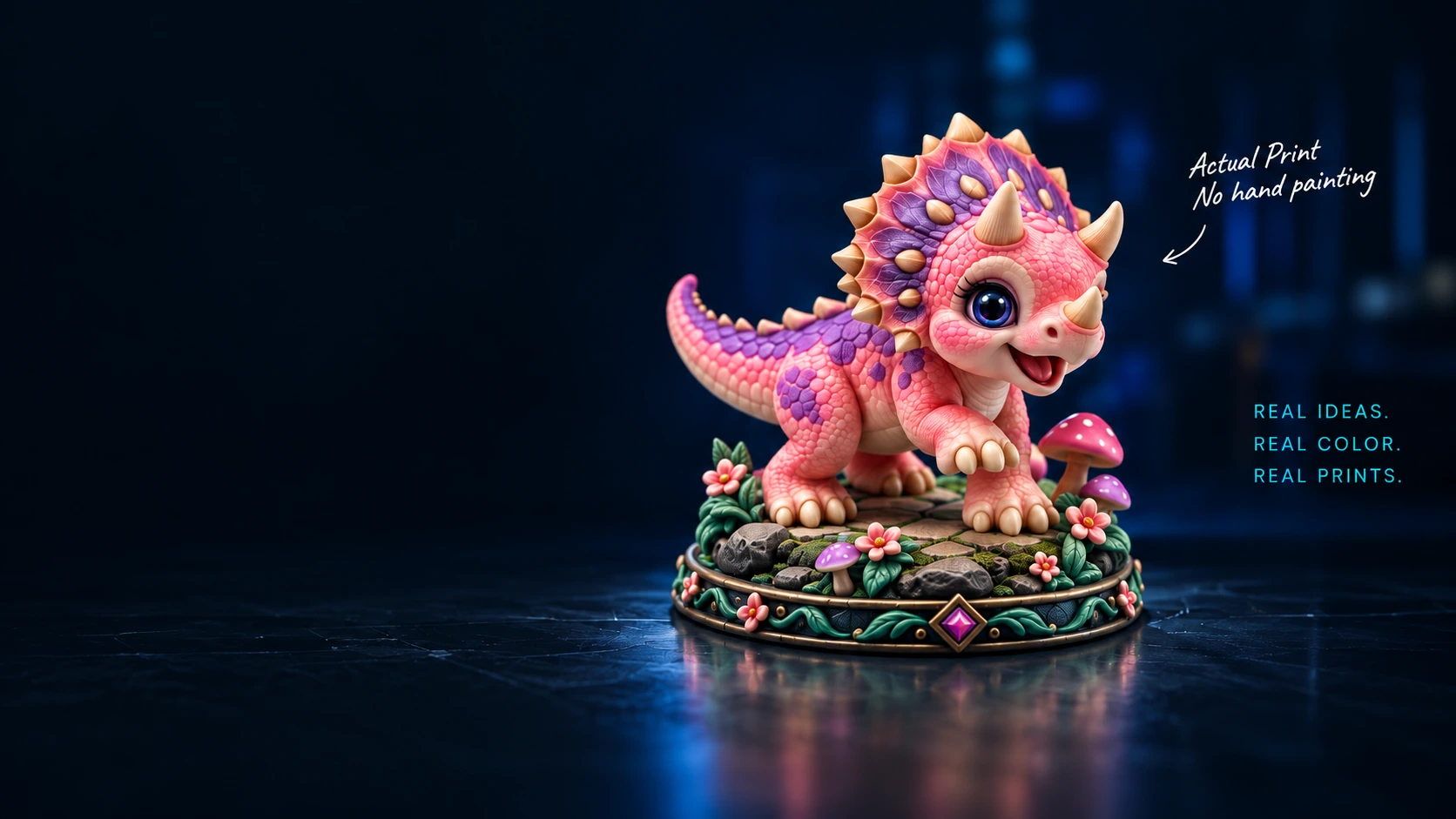 PrintNext full-color triceratops 3D printed figurine on a floral display base