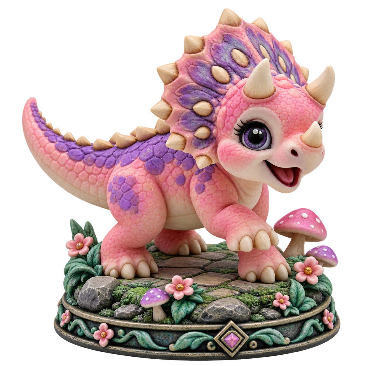 PrintNext full-color triceratops 3D print with pink scales and a floral base