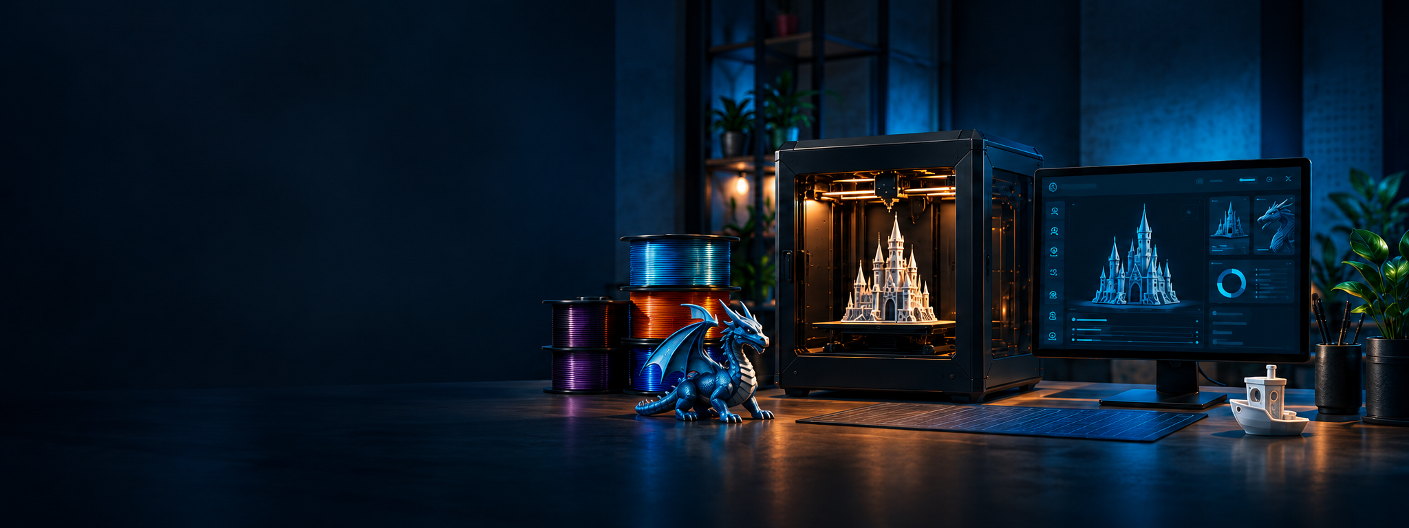 Illustrated PrintNext 3D printing workspace with a printer, colorful filament and a digital model