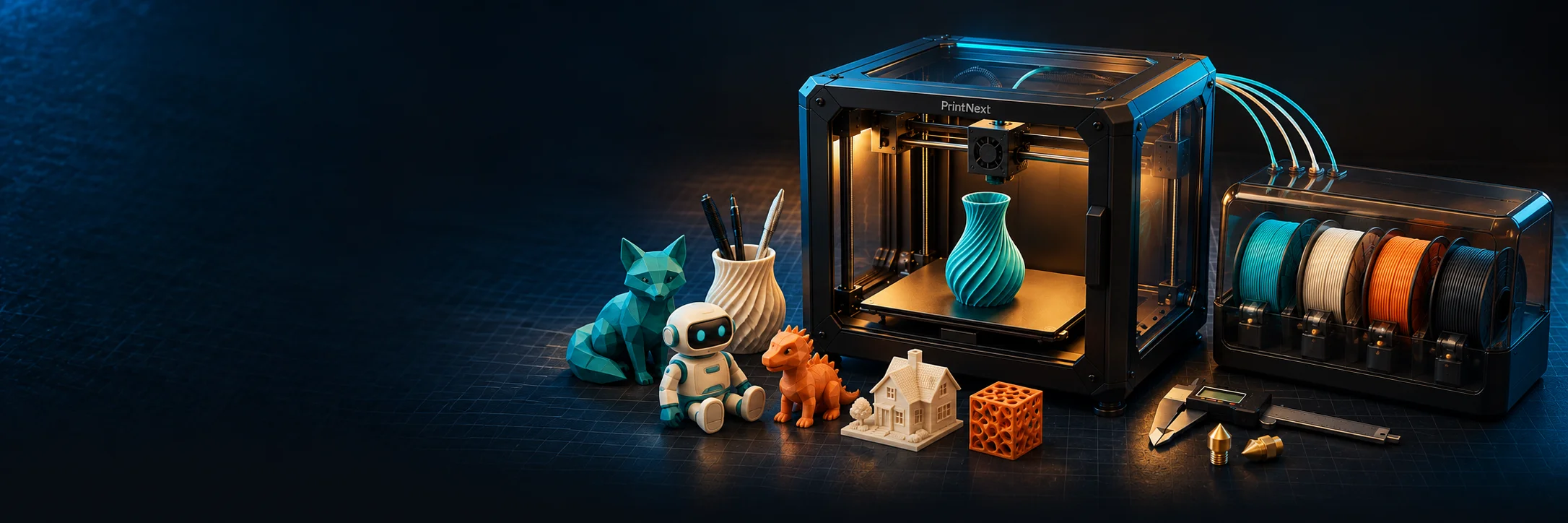 PrintNext 3D printer with a multicolor filament system, printed models, and maker tools