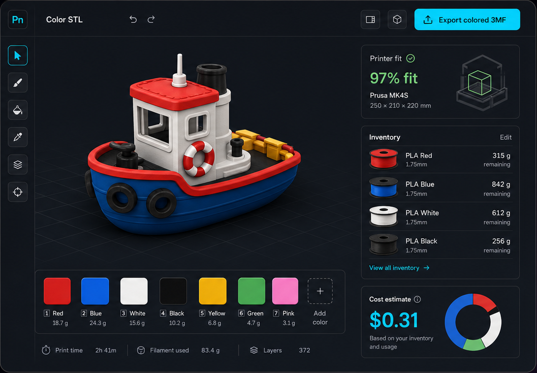 PrintNext Color STL workspace showing a painted tug boat model, inventory spools, printer fit, and cost estimate