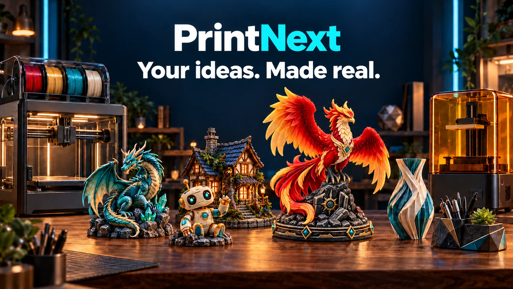 Colorful 3D models in an illustrated PrintNext workshop